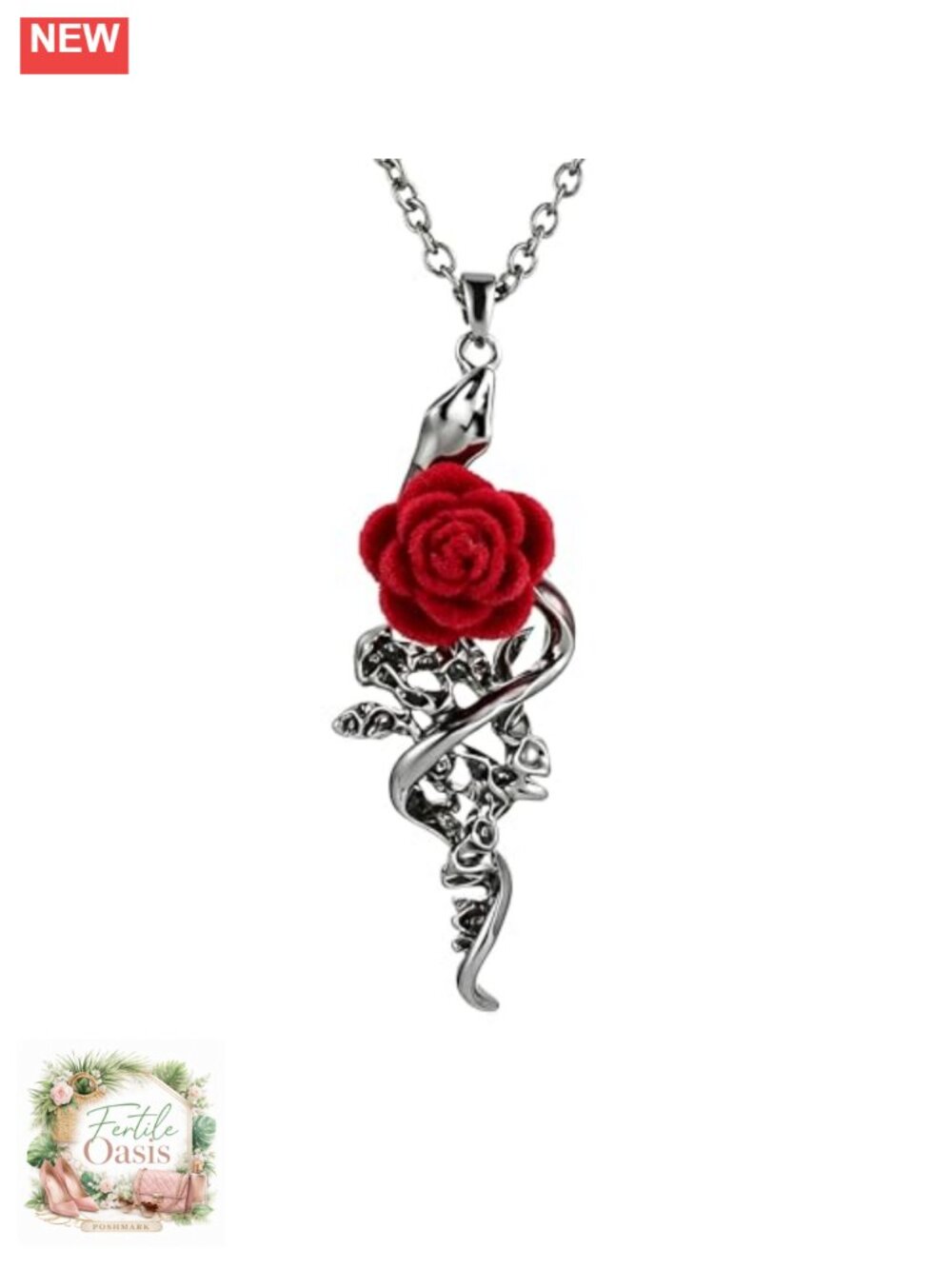 Gothic Snake & Red Velvet Rose Pendant Necklace Brass 24in Adjustable
